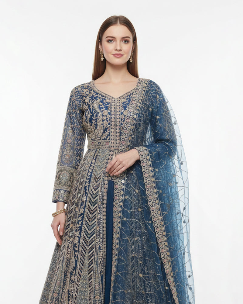 Navy Blue & Silver Embroidered Indo-Western – Regal Ethnic Couture