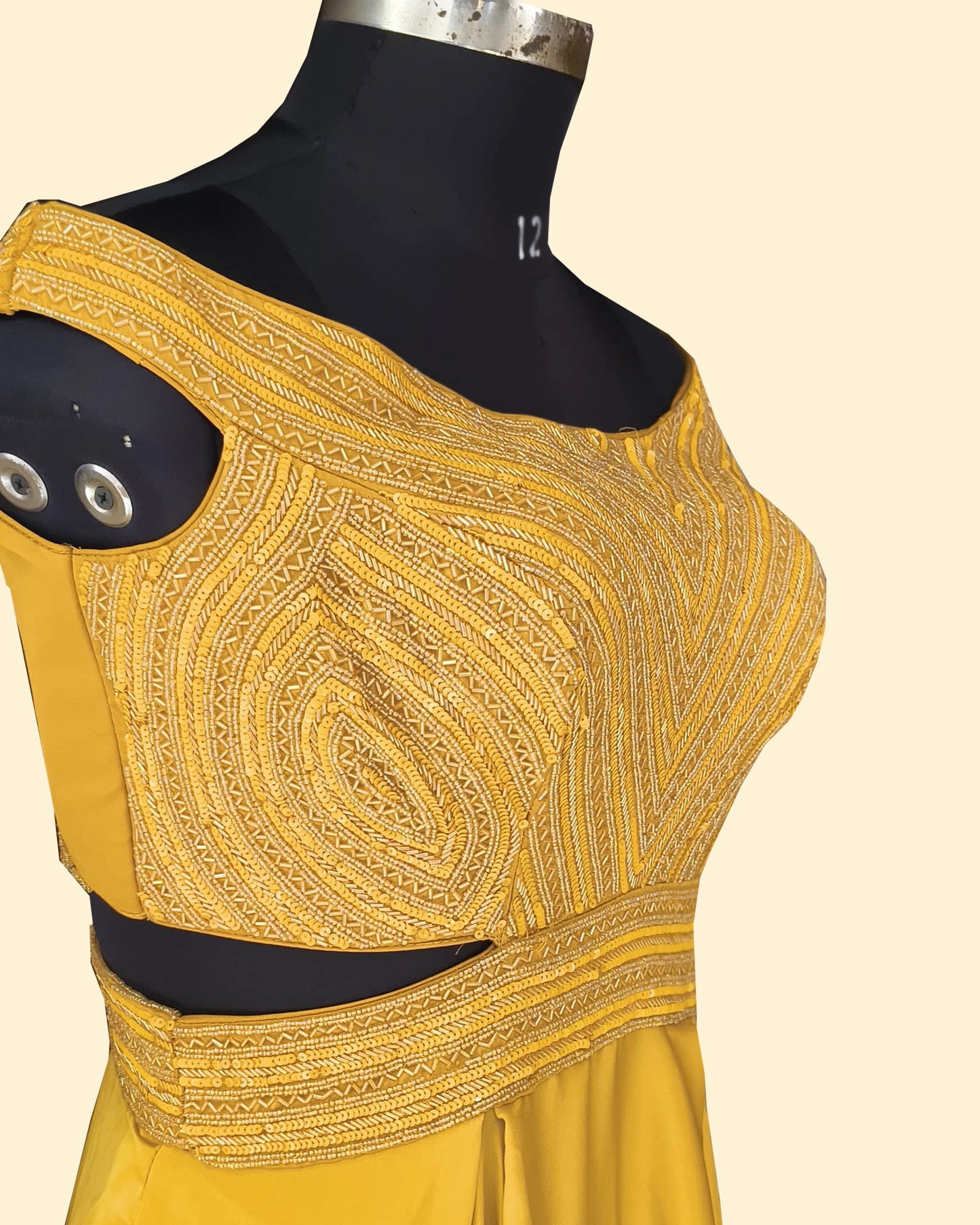 Designer Mustard Gown Off-Shoulder Neckline Gown with Beaded Bodice – Party & Reception Style