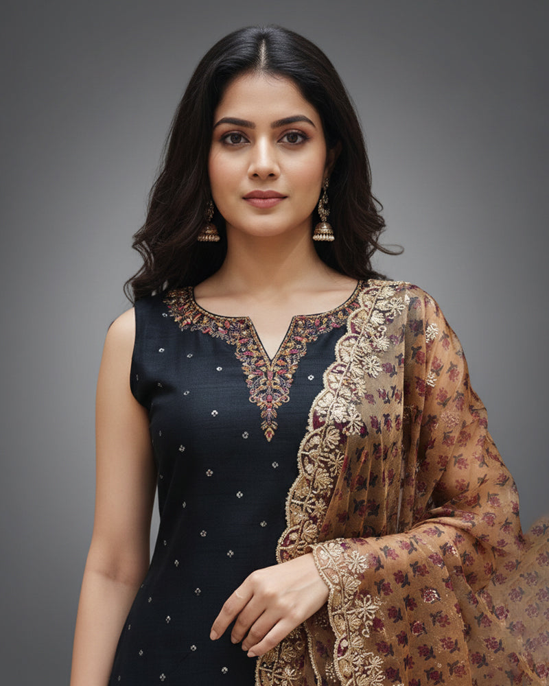 Black Embroidered Sleeveless Kurta Set with Churidar & Floral Dupatta