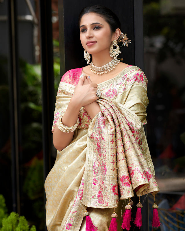 Light Gold Saree with Pink Floral Embroidery with pink blouse – Festive Heritage Couture