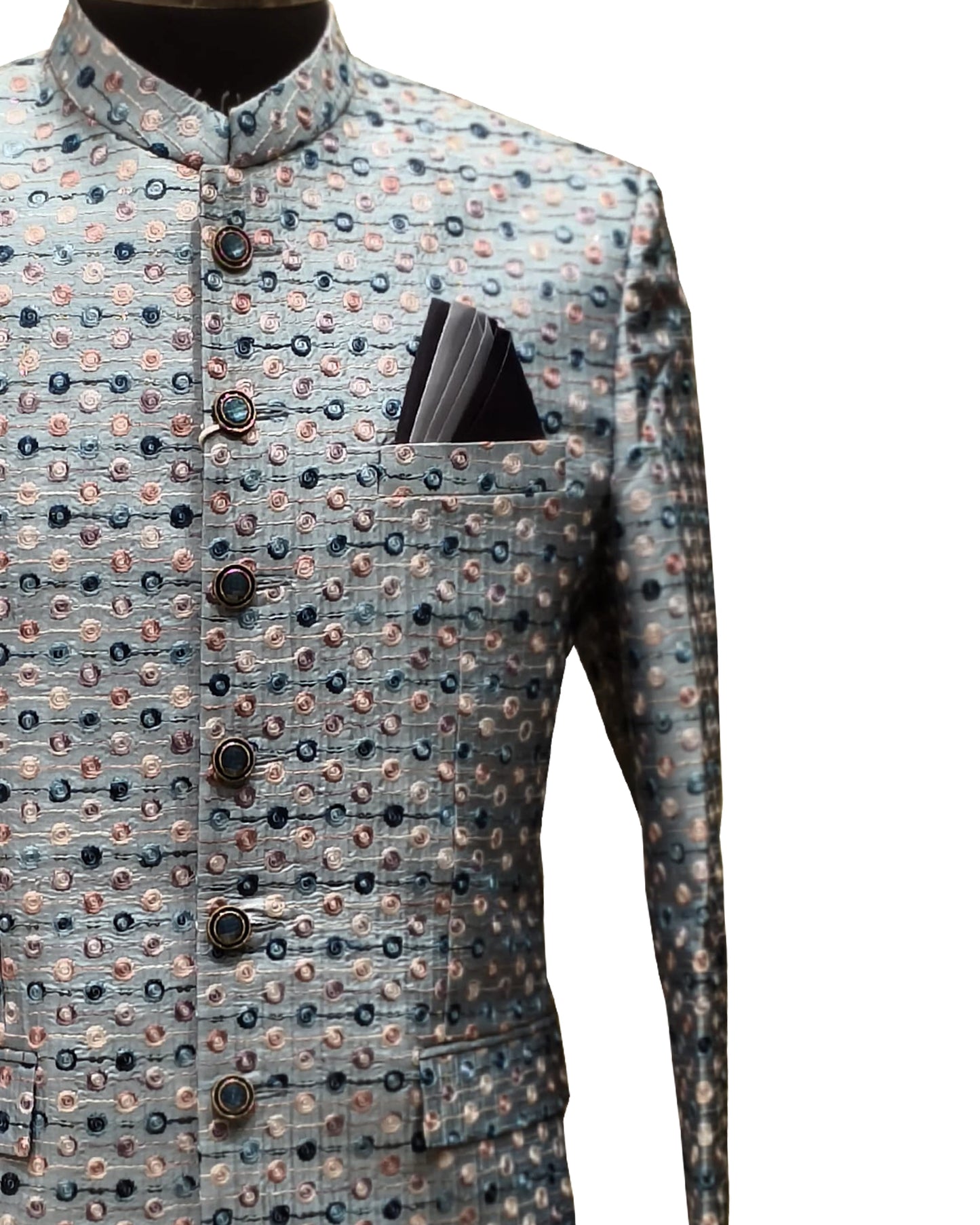 Men’s Light Grey Designer Jacquard Jodhpuri Blazer – Festive & Wedding Wear Ethnic Suit