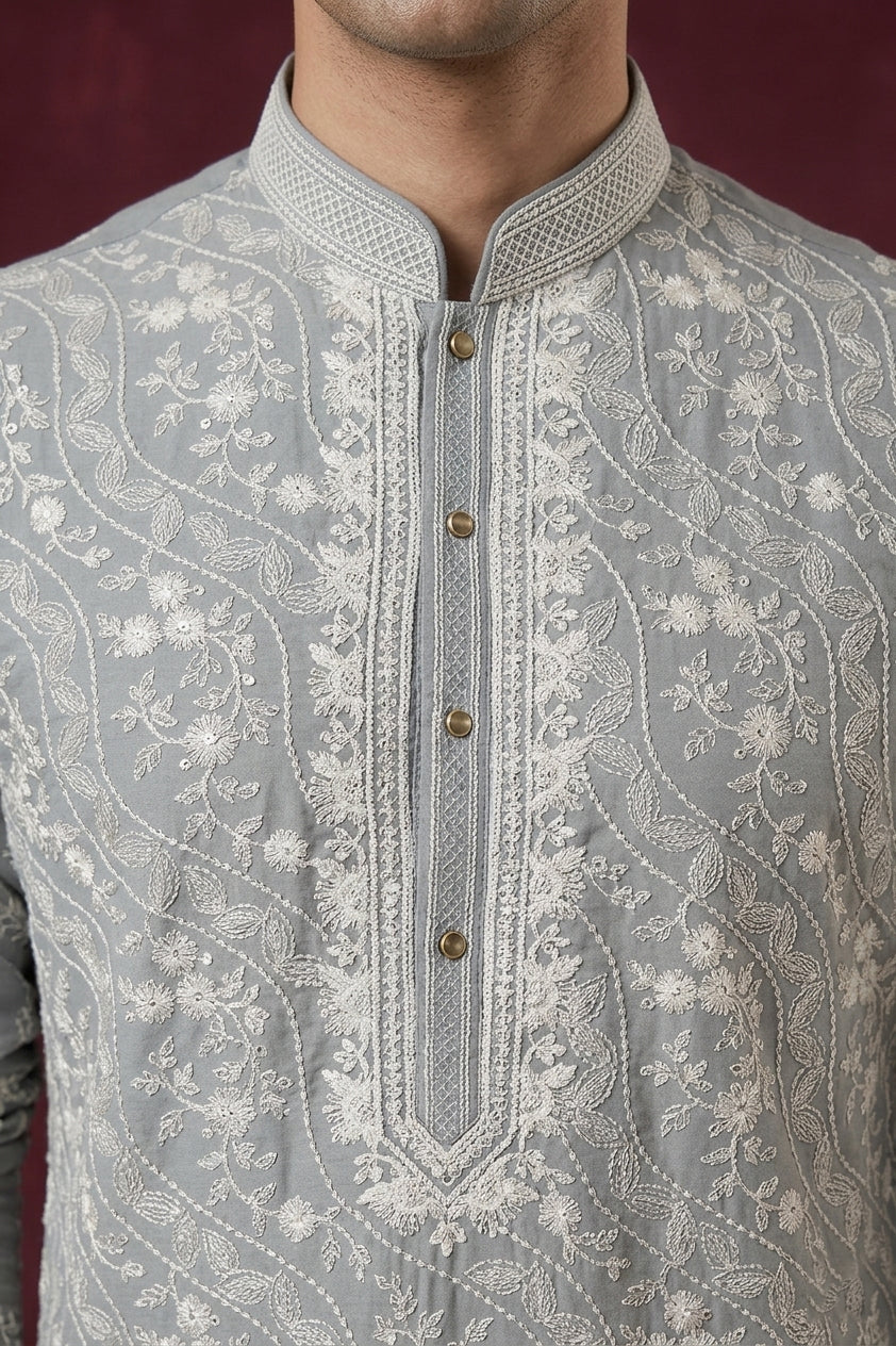 Light Gray Lakhnavi Embroidered Kurta set with Cream Pyjama – Regal Ethnic Ensemble