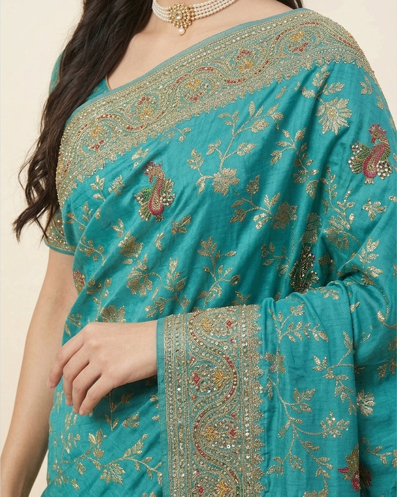 Turquoise Blue Silk Saree with Golden Floral Embroidery – Elegant Wear