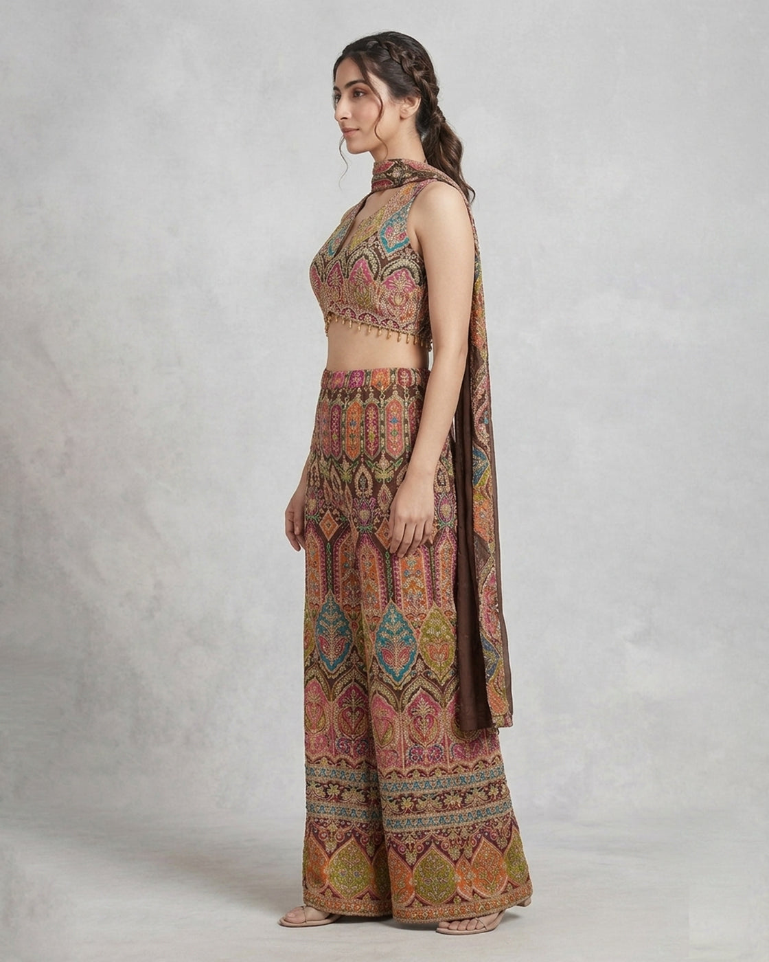 Multicolored Embroidered Choli & Palazzo Suit Set – Vibrant Festive Couture