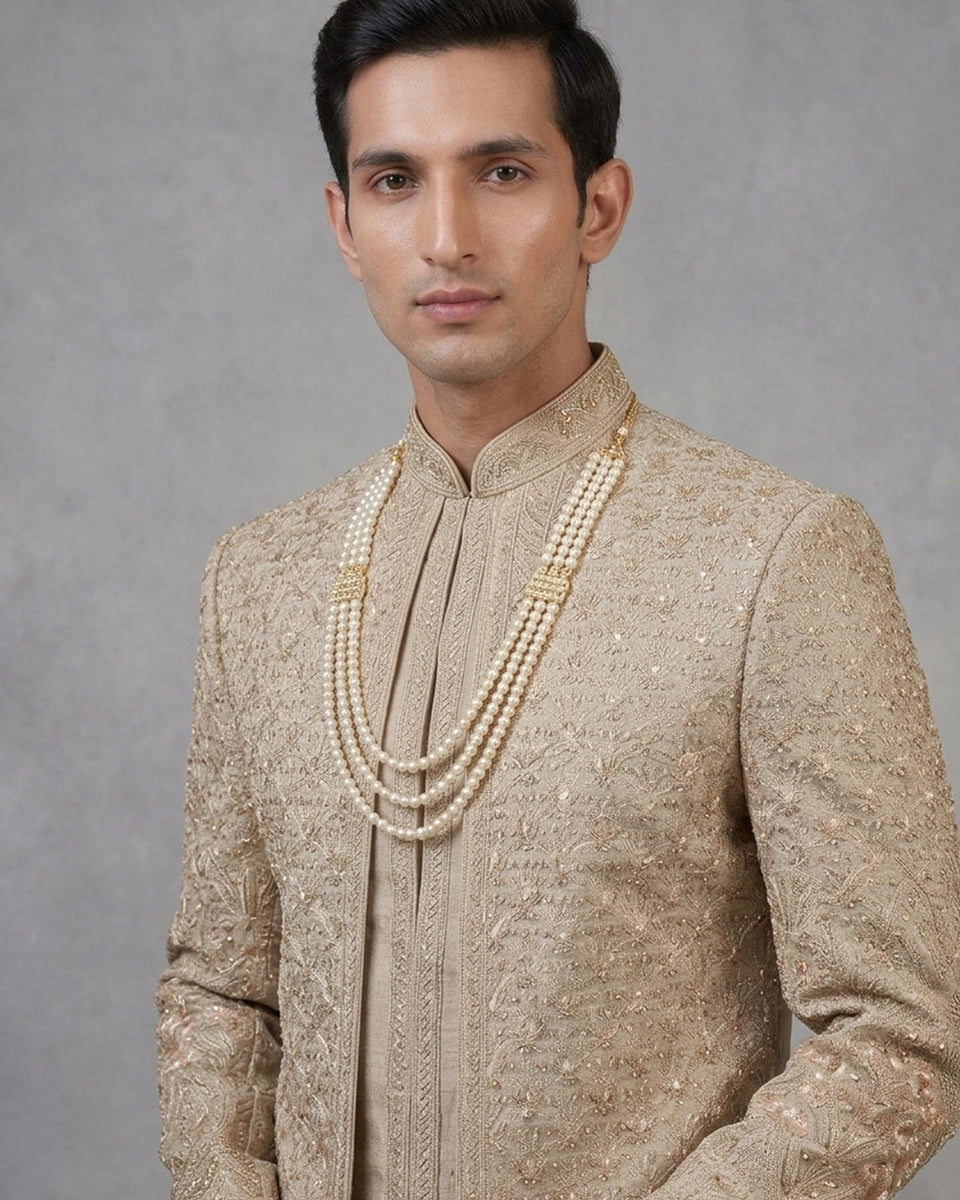 Beige Open Jacket Sherwani with Intricate Embroidery – Royal Wedding Ensemble