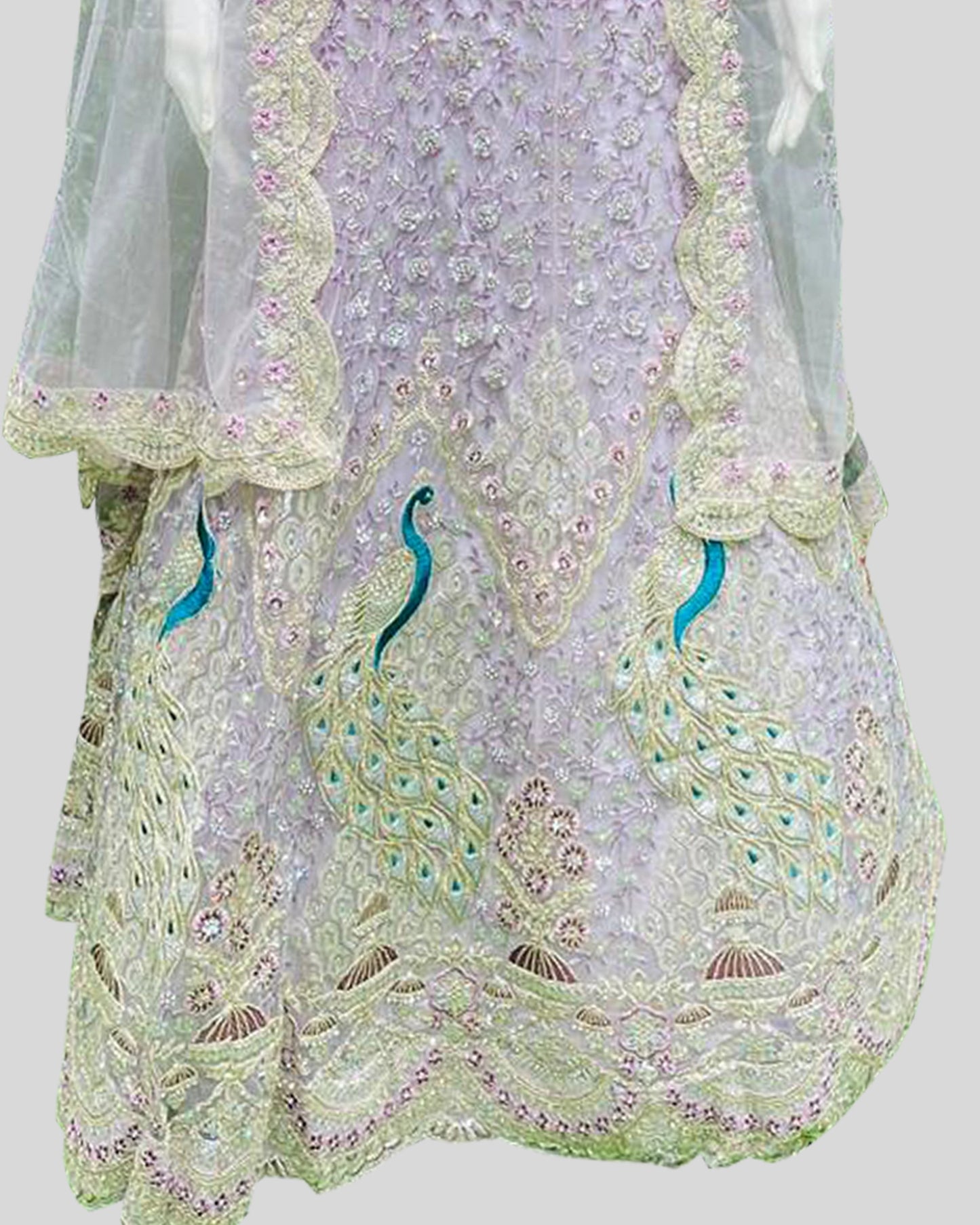 Peacock Whisper Bridal Designer Lehenga Choli – Regal Embroidery in Pastel Tones