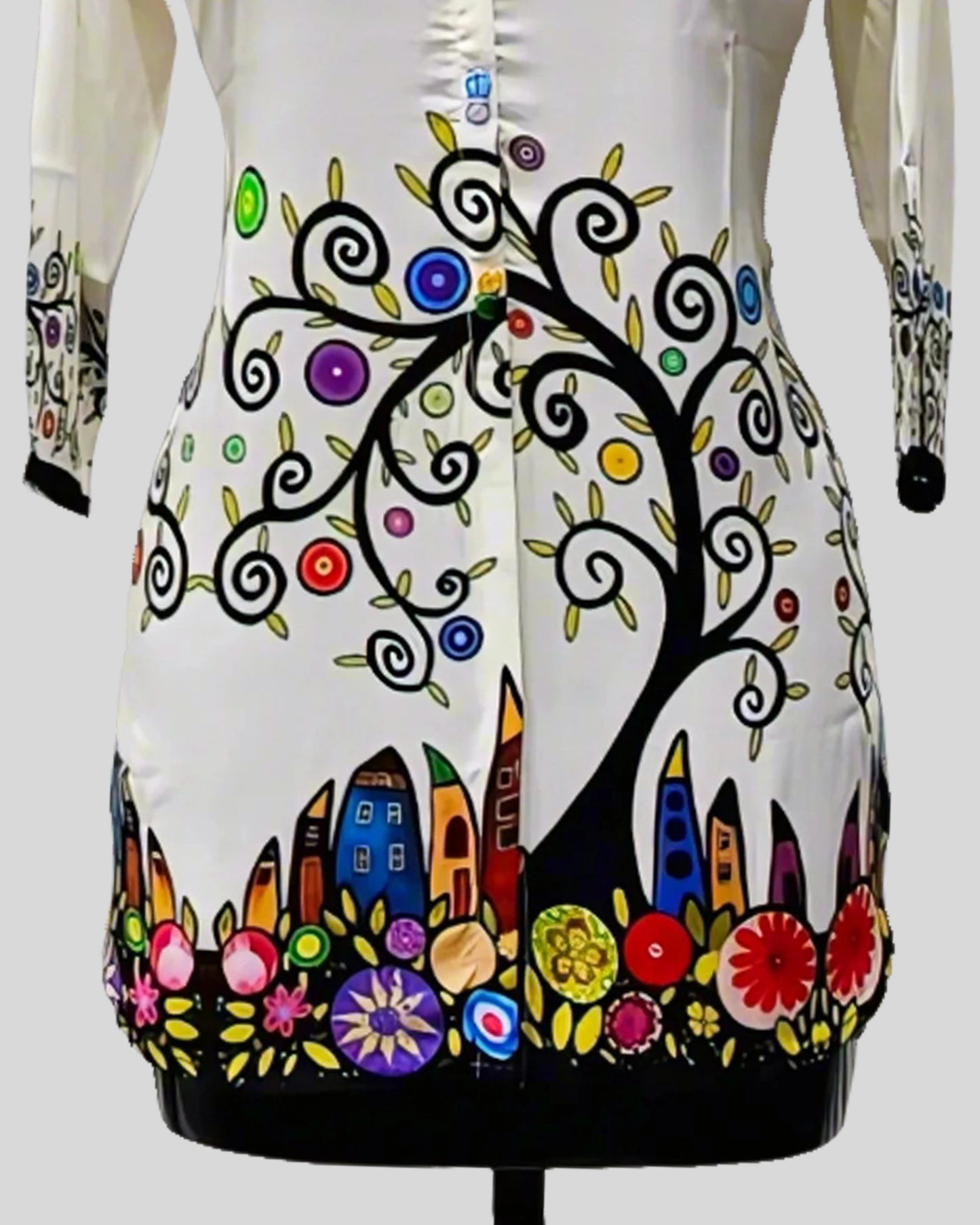 Whimsy Garden Tunic Top – White Cotton Kurti with Multicolor Tree & House Print
