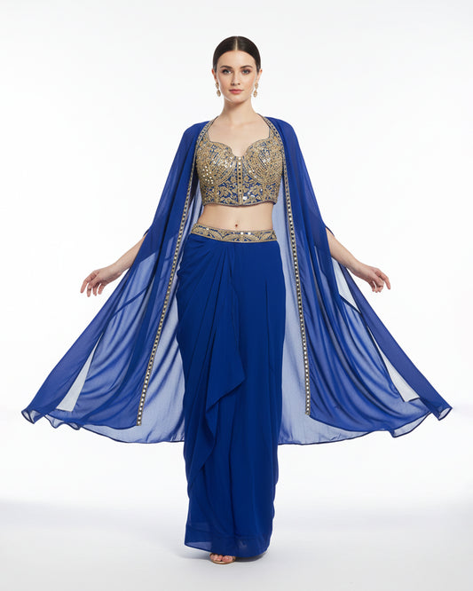 Royal Blue Embroidered Skirt, Shrug & Choli – Luxury Ethnic Couture