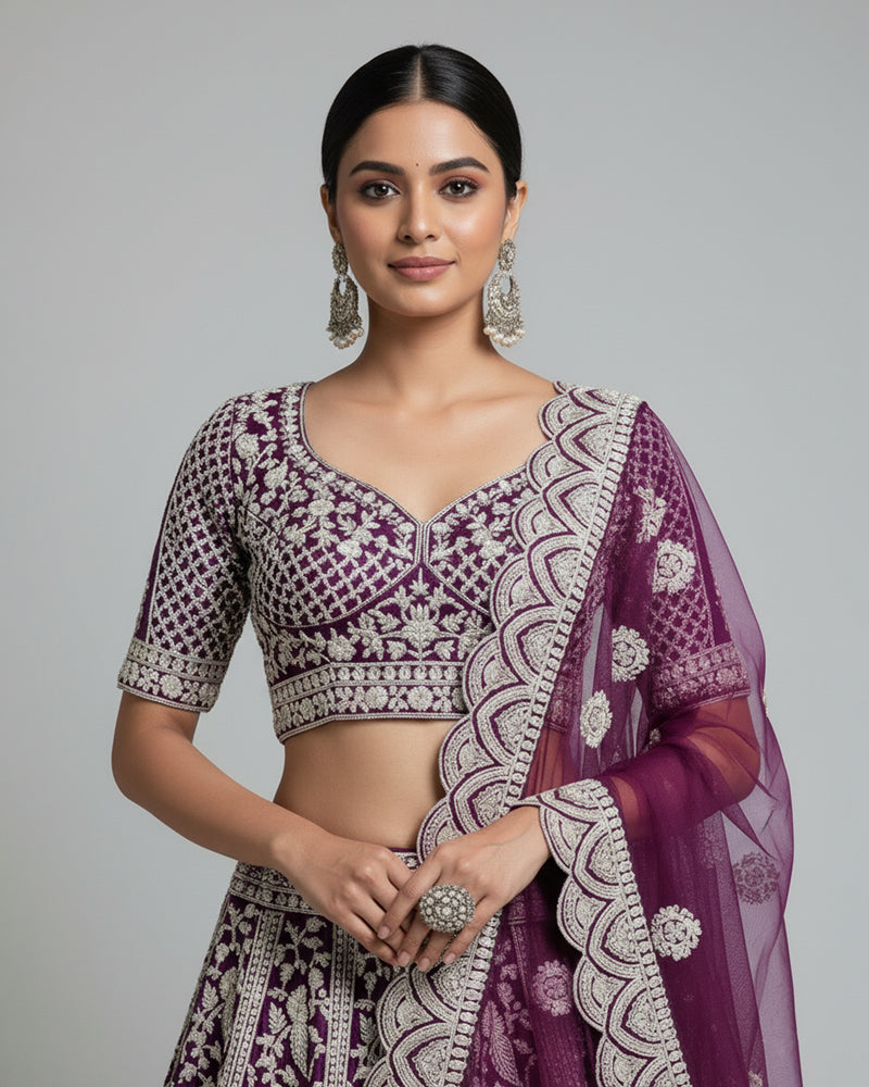 Deep Purple Lehenga Choli Set with Silver Embroidery – Regal Bridal & Festive Wear