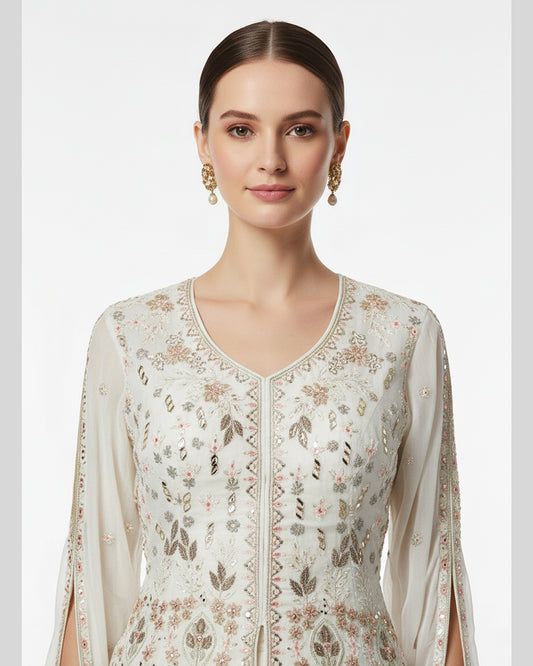 Cream Draped with Embroidered Blouse Style Top with Skirt – Contemporary Ethnic Elegance