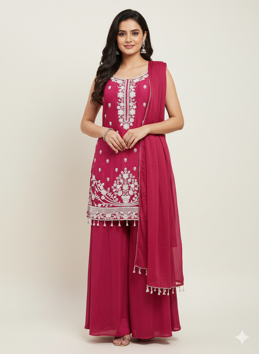 Dark Pink Embroidered Sleeveless Salwar Kameez Set with Palazzo & Tassel Dupatta