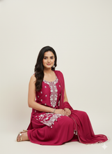 Dark Pink Embroidered Sleeveless Salwar Kameez Set with Palazzo & Tassel Dupatta