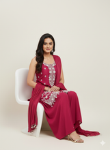 Dark Pink Embroidered Sleeveless Salwar Kameez Set with Palazzo & Tassel Dupatta