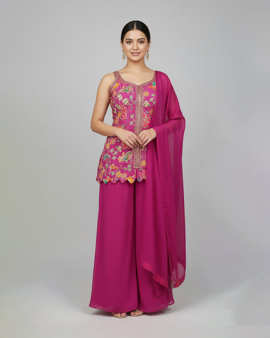 Magenta Embroidered Kurti Palazzo Set with Floral & Paisley Detailing – Festive Ethnic Wear