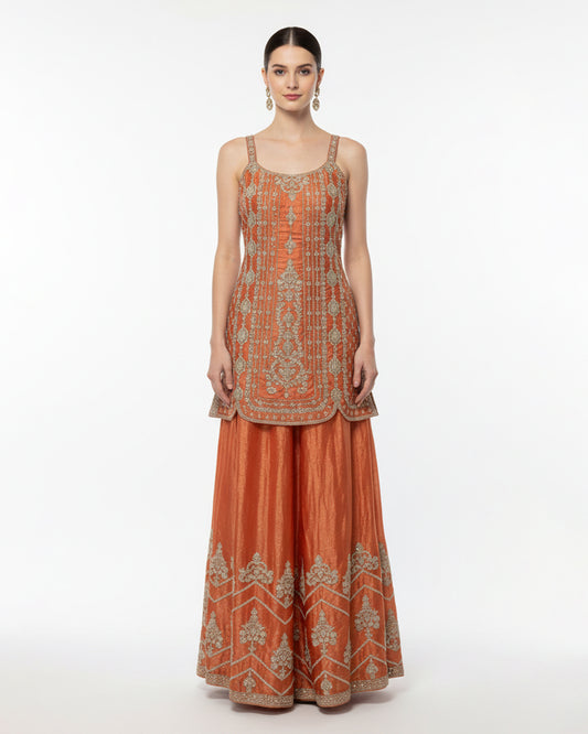 Orange Embroidered Sleeveless Kameez with Flared Palazzo – Festive Couture Ensemble