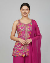 Magenta Embroidered Kurti Palazzo Set with Floral & Paisley Detailing – Festive Ethnic Wear