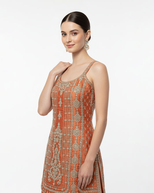 Orange Embroidered Sleeveless Kameez with Flared Palazzo – Festive Couture Ensemble