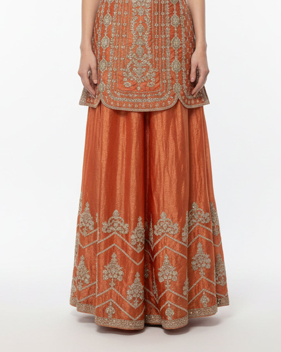 Orange Embroidered Sleeveless Kameez with Flared Palazzo – Festive Couture Ensemble