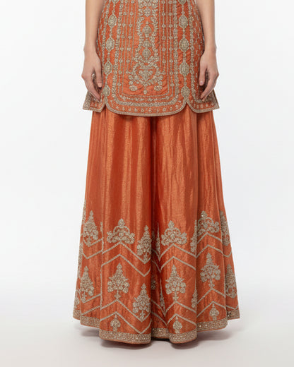 Orange Embroidered Sleeveless Kameez with Flared Palazzo – Festive Couture Ensemble