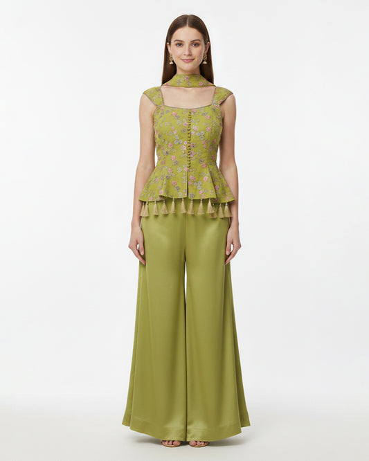 Light Green Floral Printed Top with palazzo suit – Contemporary Ethnic Fusion Wear