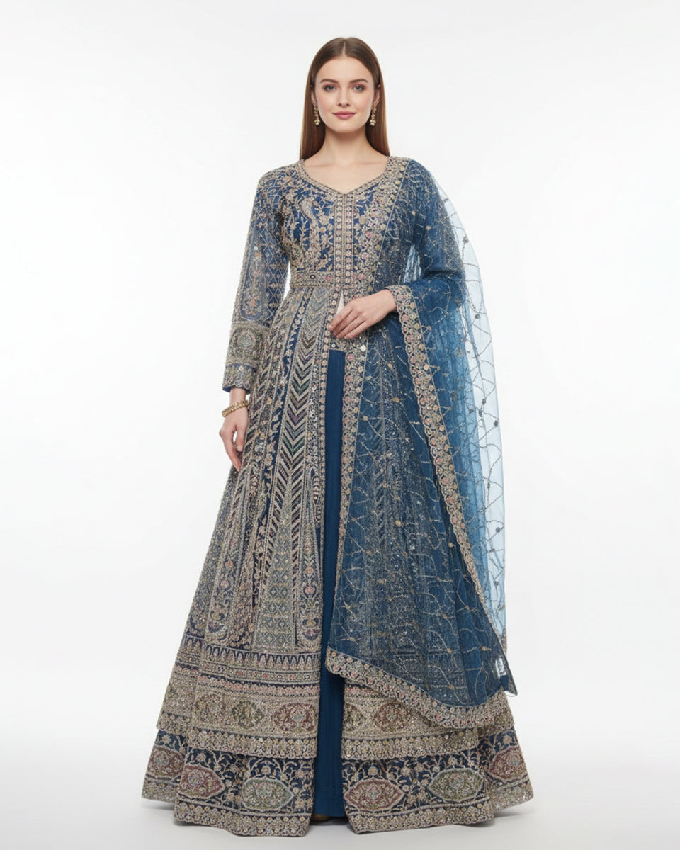 Navy Blue & Silver Embroidered Indo-Western – Regal Ethnic Couture