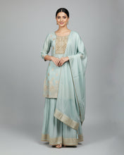 Ice Blue Embroidered Palazzo suit with Gold Detailing – Elegant Festive Wear