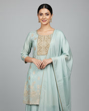 Ice Blue Embroidered Palazzo suit with Gold Detailing – Elegant Festive Wear