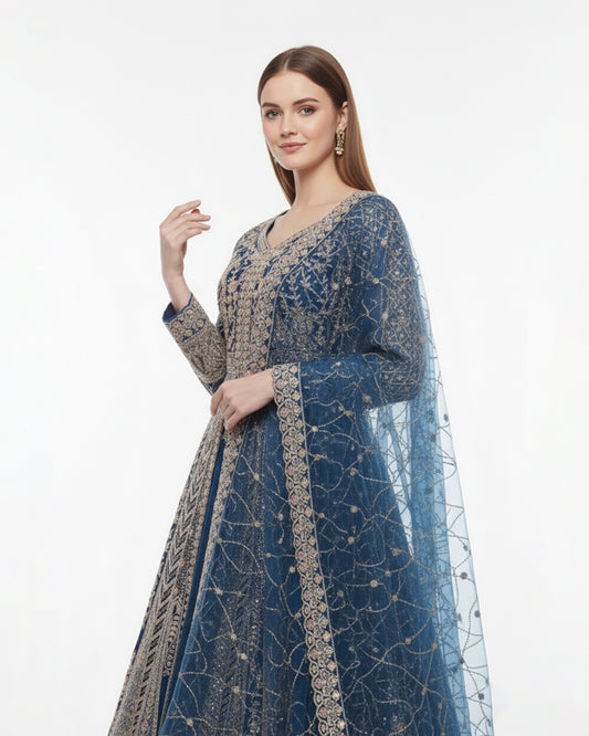 Navy Blue & Silver Embroidered Indo-Western – Regal Ethnic Couture