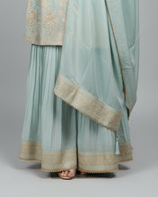 Ice Blue Embroidered Palazzo suit with Gold Detailing – Elegant Festive Wear