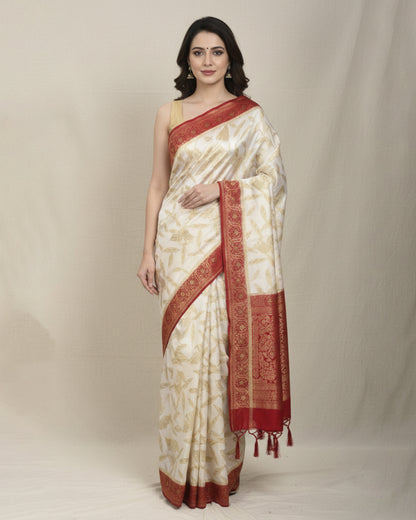 Off White Saree with Red & Gold Embroidered Border – Timeless Ethnic Elegance
