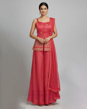 Coral Embroidered Kurti Palazzo Set with Gold Threadwork – Elegant Festive Ensemble