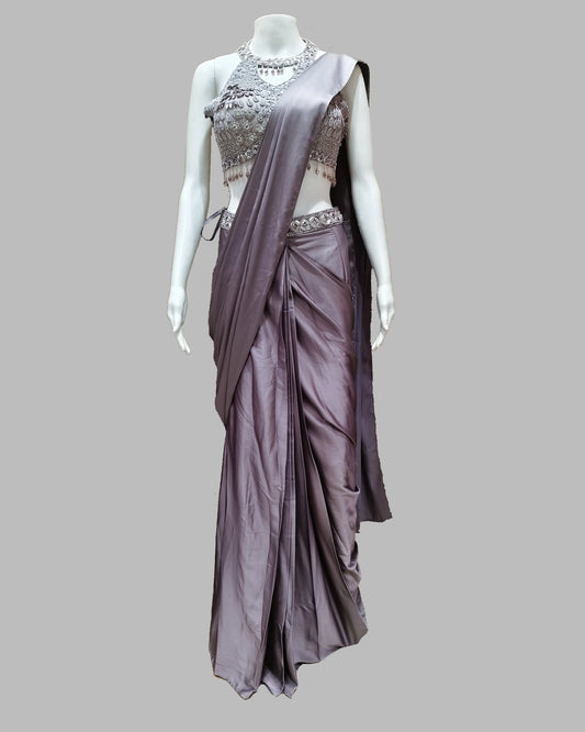 Metallic Lavender Satin Saree with Embellished Blouse – Designer Party Wear Saree