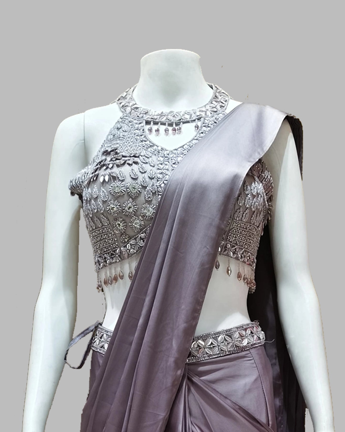 Metallic Lavender Satin Saree with Embellished Blouse – Designer Party Wear Saree