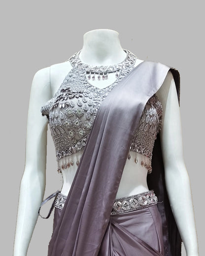 Metallic Lavender Satin Saree with Embellished Blouse – Designer Party Wear Saree