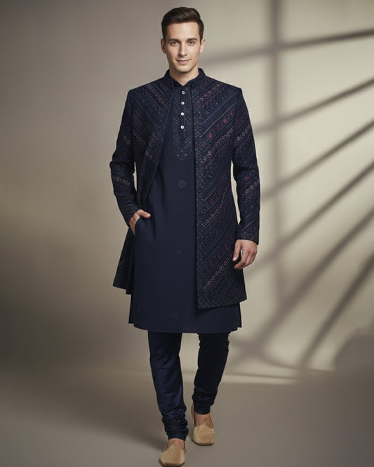 Navy Blue Open Jacket Indo-Western with Red & Silver Embroidery – Regal Men’s Ethnic Couture