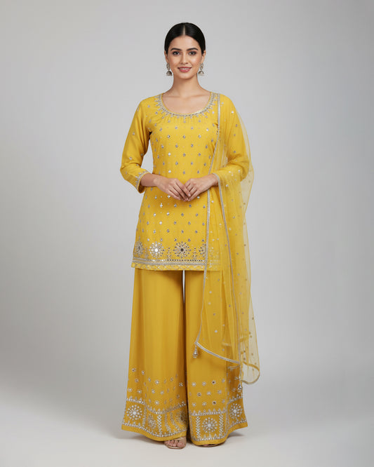 Sunshine Yellow Embroidered Kurta Palazzo Set with Silver Detailing – Festive Ethnic Wear