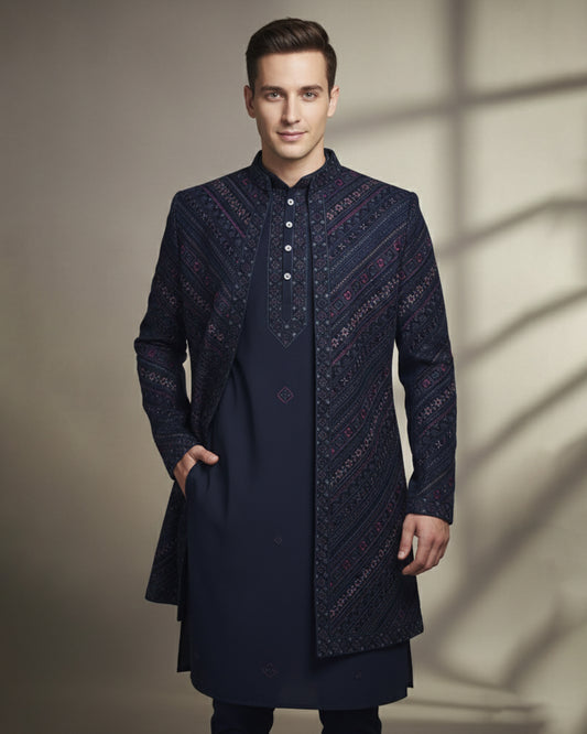 Navy Blue Open Jacket Indo-Western with Red & Silver Embroidery – Regal Men’s Ethnic Couture