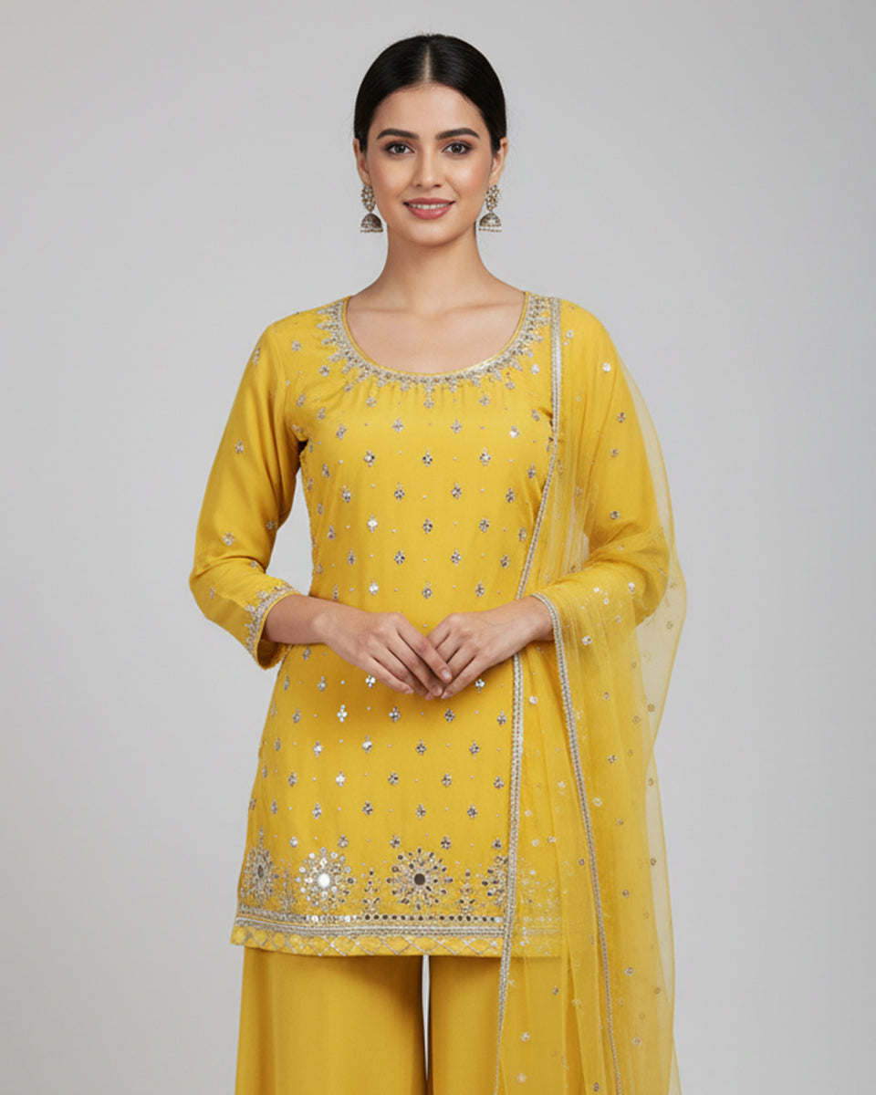 Sunshine Yellow Embroidered Kurta Palazzo Set with Silver Detailing – Festive Ethnic Wear