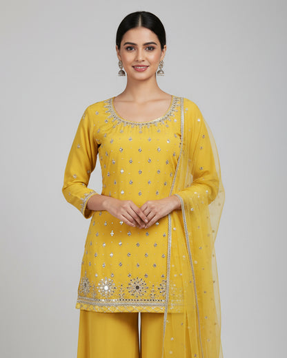 Sunshine Yellow Embroidered Kurta Palazzo Set with Silver Detailing – Festive Ethnic Wear