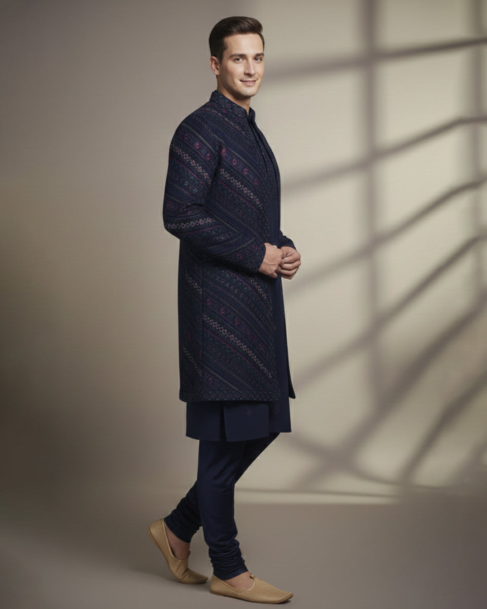 Navy Blue Open Jacket Indo-Western with Red & Silver Embroidery – Regal Men’s Ethnic Couture
