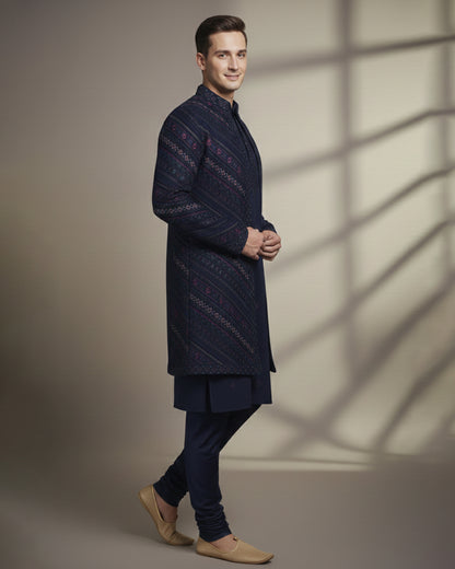 Navy Blue Open Jacket Indo-Western with Red & Silver Embroidery – Regal Men’s Ethnic Couture