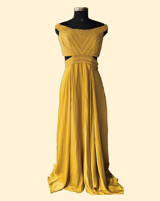 Designer Mustard Gown Off-Shoulder Neckline Gown with Beaded Bodice – Party & Reception Style