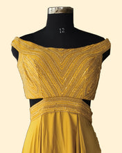 Designer Mustard Gown Off-Shoulder Neckline Gown with Beaded Bodice – Party & Reception Style