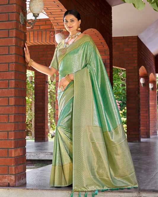 Green Silk Saree with Golden Motifs – Heritage Ethnic Couture
