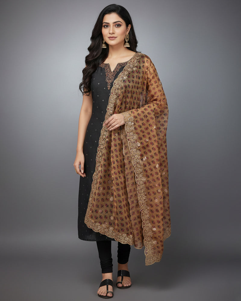 Black Embroidered Sleeveless Kurta Set with Churidar & Floral Dupatta