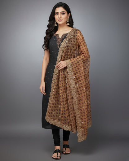 Black Embroidered Sleeveless Kurta Set with Churidar & Floral Dupatta