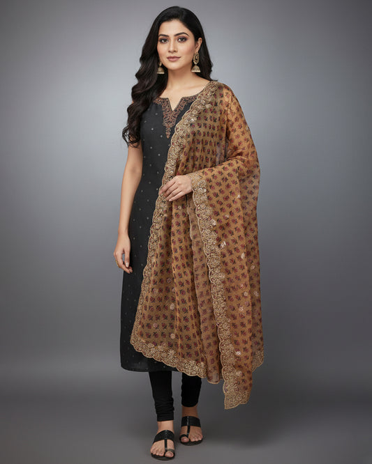 Black Embroidered Sleeveless Kurta Set with Churidar & Floral Dupatta