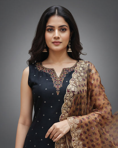 Black Embroidered Sleeveless Kurta Set with Churidar & Floral Dupatta