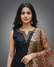 Black Embroidered Sleeveless Kurta Set with Churidar & Floral Dupatta