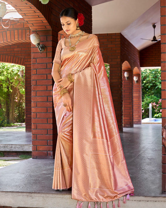 Pink Silk Saree with Golden Motifs – Heritage Ethnic Couture